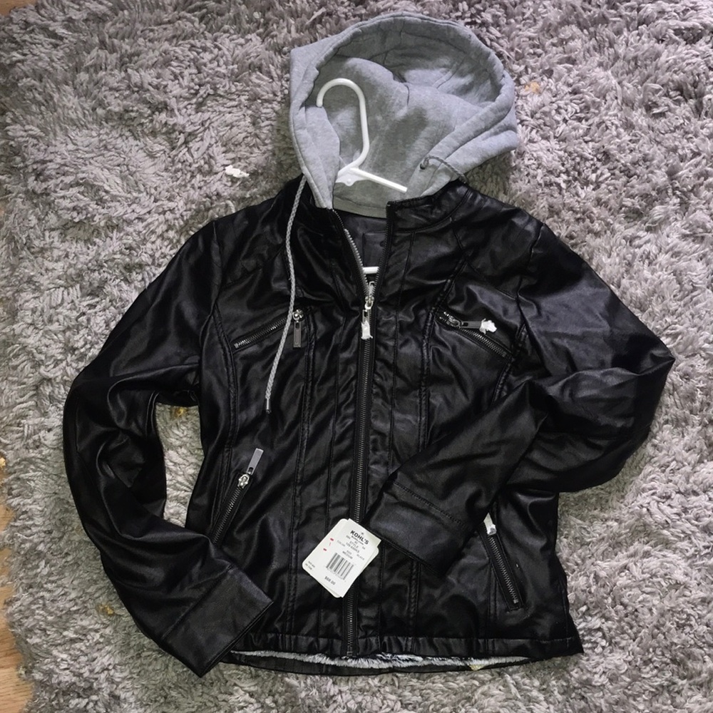 Medium black with gray leather jacket.